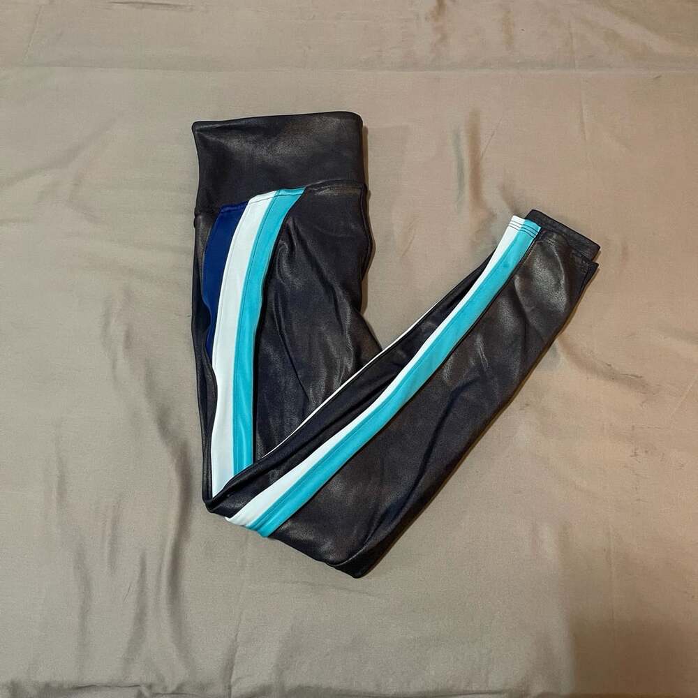 Spanx Faux Leather Track Stripe Leggings Size M Navy Blue Side Stripe